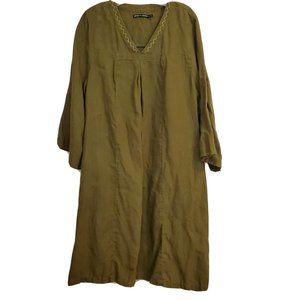 Gudrun Sjoden Linen Lagenlook Loden Green Loose Fit Dress Sz XL Embroidered Neck
